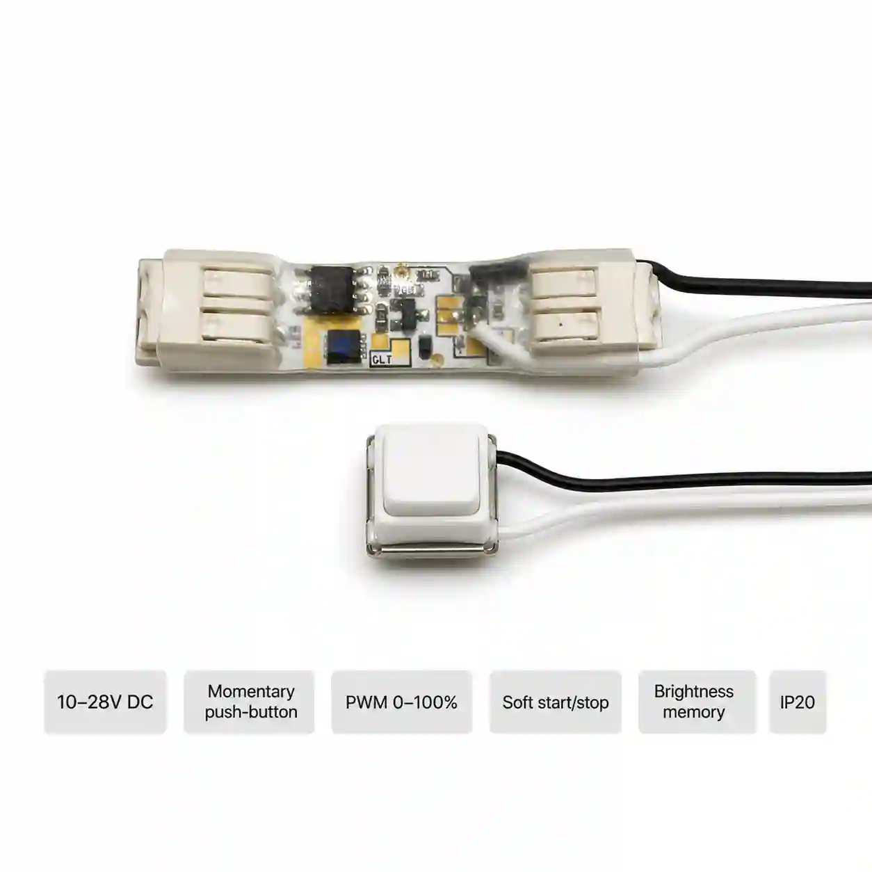 Miniaturní LED stmívač do instalační krabice připojený ke spínacímu tlačítku